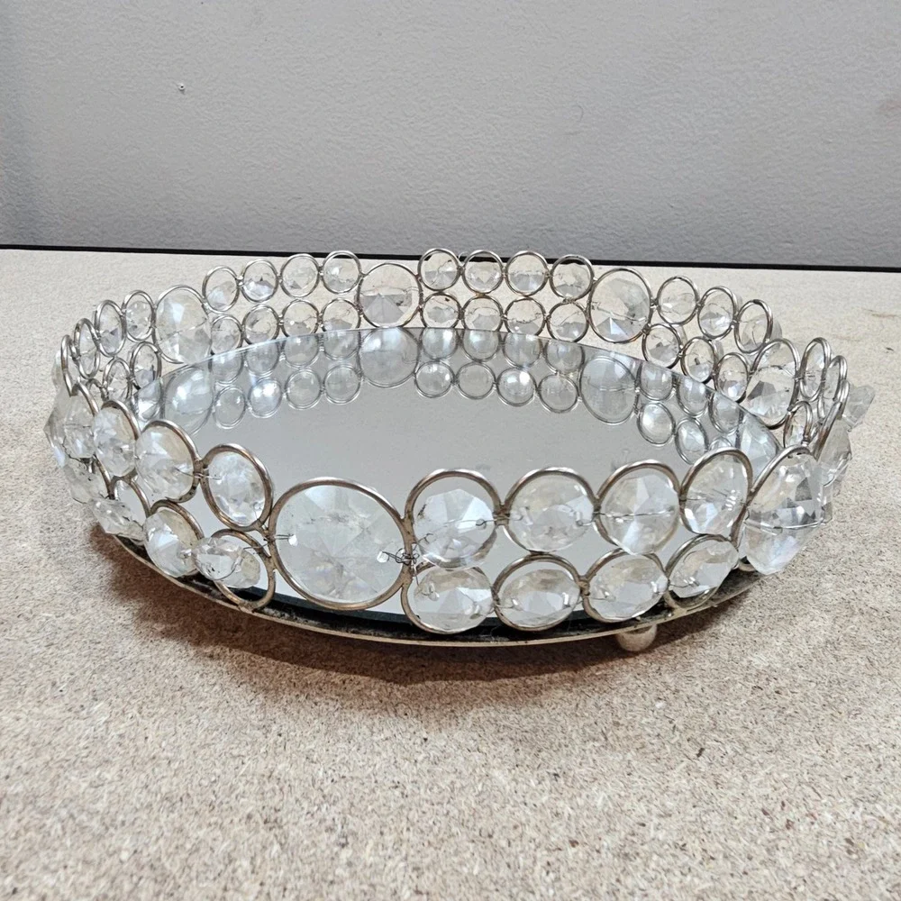 Vanity Tray Nanette Lepore OS Silver Good Mirrored Crystal Beaded Round Glam